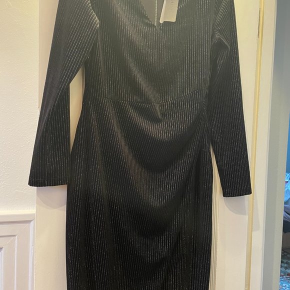 Black Halo Miramar Sheath Dress in Black w/ Silver Pinstripe - Picture 5 of 11